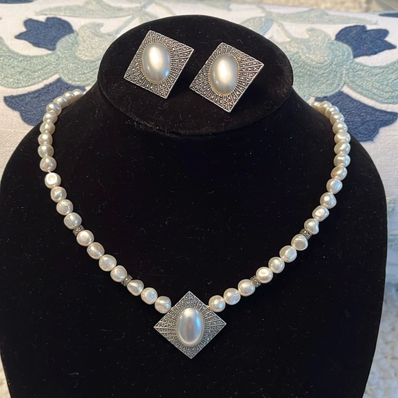 Judith Jack Jewelry - VINTAGE Judith Jack Sterling and faux pearl marcasite necklace and earrings.